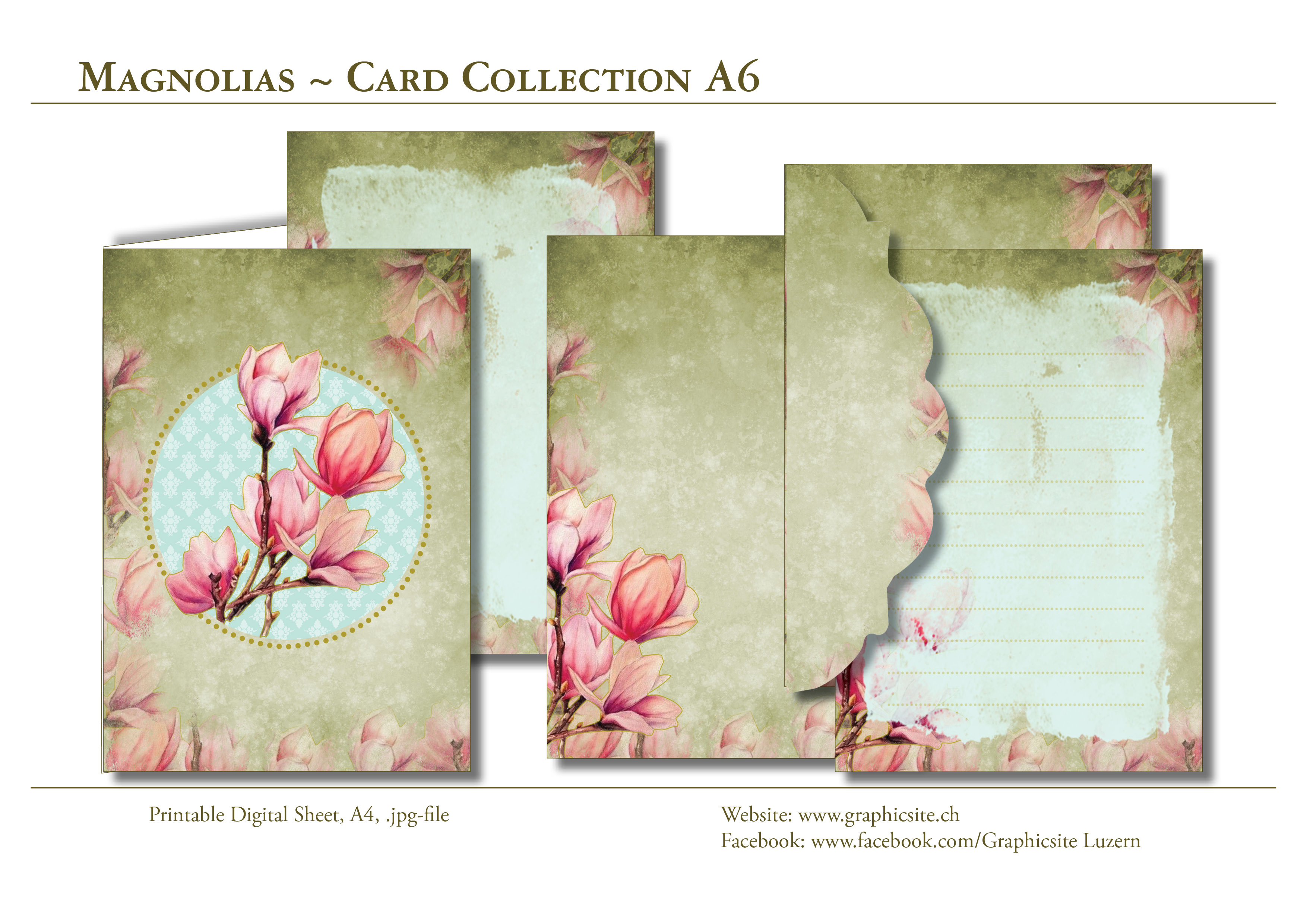 Karten selber drucken - DIN A-Formate -  Notizkarten - Grusskarten, Postkarte, grusskarten, A6, grün, pink, Frühling, Magnolien, Blumen, digital, papeterie, grafiker, luzern,